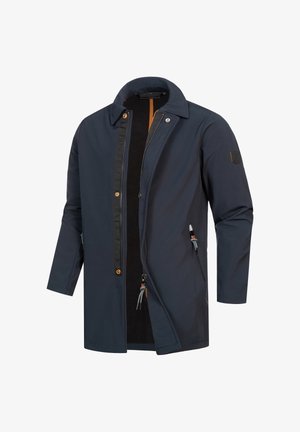 Navy waterproof jacket with a collared neck, snap buttons, side pockets, and adjustable drawstrings. Smooth texture and sleek design.