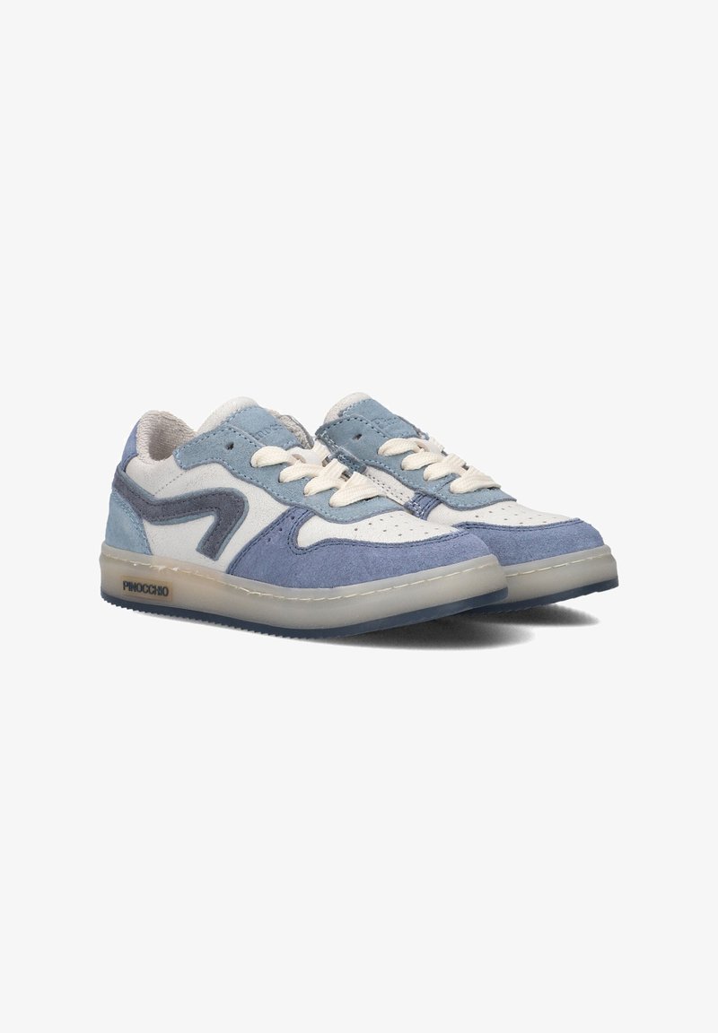 Blue and white sneakers made of suede and mesh. They feature a rounded toe, lace-up closure, and a contrasting brand logo on the side.