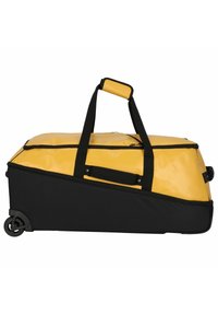Sac de sport à roulettes jaune et noir avec une fermeture éclair, deux poignées et une texture lisse. Présente une forme arrondie et un matériau durable.