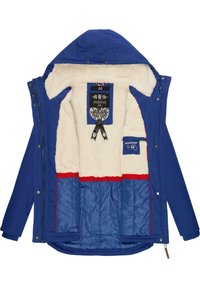Blue jacket with a faux fur lining. Features a hood, zip closure, and red accents. Inner tags display brand and design details.