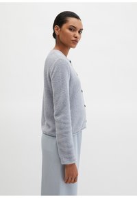 Hellgraue, strukturierte Strickjacke mit rundem Ausschnitt, langen Ärmeln und durchgehender Knopfleiste vorne. Wird über einem hellblauen Top getragen, seitlich gezeigt.