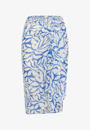 Jupe crayon bleue et blanche à motif de feuilles, avec un détail drapé à l'avant, fabriquée dans un tissu léger, longueur genoux.