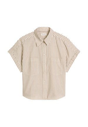 Chemise à manches courtes beige et blanche à rayures verticales, avec deux poches avant et un col pointu.
