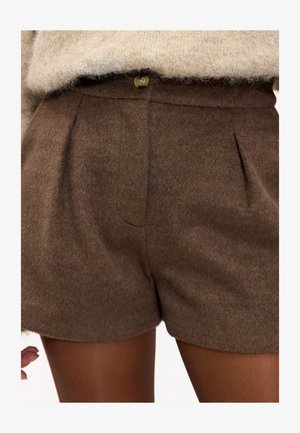 Braune Wollshorts mit weicher Textur, vorne mit Falten und einem Knopfverschluss. Kombiniert mit einem hellen Strickpullover.