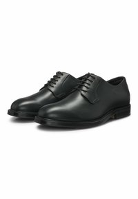 Scarpe da dress in pelle nera con finitura liscia, punta arrotondata e design minimalista. Presentano lacci con cinque occhielli e tacco basso.