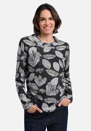 Langärmeliges Sweatshirt mit Rundhalsausschnitt aus schwarzem Stoff mit weißen Blumen- und Blattmustern. Mittlere Textur, legerer Schnitt und gerippte Bündchen.