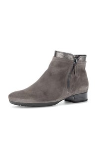 Gray suede ankle boot with a metallic accent at the collar, side zip closure, and a low block heel. Smooth surface and streamlined shape.