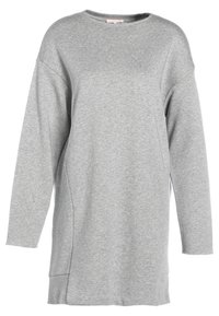Sudadera gris de gran tamaño con mangas largas, escote redondo y detalles de abertura lateral. Confeccionada con un tejido suave y texturizado.
