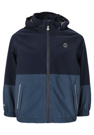 Veste coupe-vent bleu marine avec une section inférieure bleu clair, poignets élastiques, fermeture éclair à l'avant et poches latérales ; présente des accents réfléchissants.