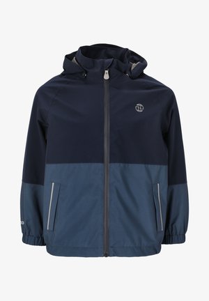 Veste coupe-vent bleu marine avec une section inférieure bleu clair, poignets élastiques, fermeture éclair à l'avant et poches latérales ; présente des accents réfléchissants.