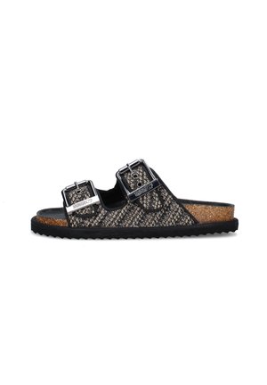 Sandalo aperto tipo slide con due fibbie regolabili color argento, cinturini in tessuto marrone e nero con texture, sottopiede in sughero e suola in gomma nera.