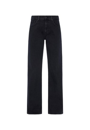 Mørkeblå denim jeans, lige ben design, knap- og lynlåslukning, fem lommer, forstærket syning, let falming, ingen synlige logoer.