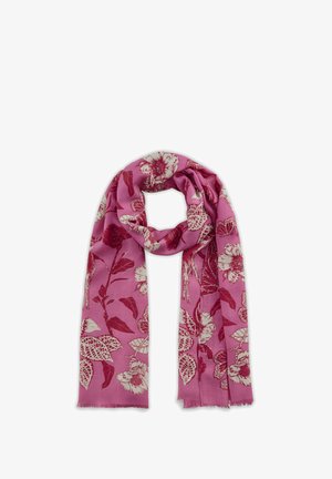 Écharpe florale rose avec un motif botanique en rouge profond, fabriquée en tissu doux avec des bords à franges pour une texture et des détails.