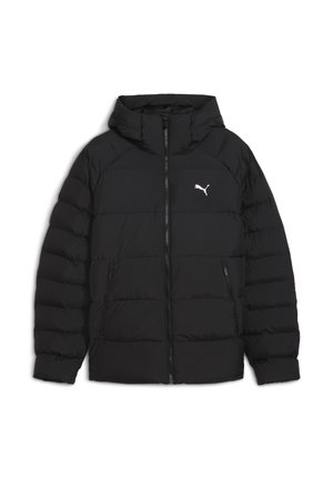Black padded jacket with hood, front zipper, zippered side pockets, and a white Puma logo on left chest.