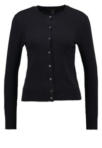 Svart långärmad cardigan med sju framknappar, rund halsringning och ribbade muddarför och nederkant.