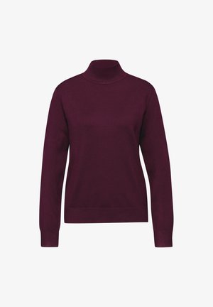 Suéter de cuello alto de manga larga en burdeos profundo con cuello, puños y dobladillo acanalados sobre un fondo blanco.