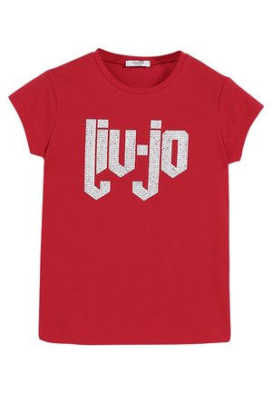 Rood T-shirt met korte mouwen met de tekst "Liu-Jo" in grote witte letters versierd met kleine strass-steentjes aan de voorkant.