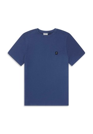 Dunkelblaues T-Shirt aus weicher Baumwolle, mit Rundhalsausschnitt und kurzen Ärmeln. Auffälliges schwarzes Logopatch auf der linken Brust.
