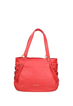 Borsa tote in pelle rossa con applicazioni floreali sui lati, doppi manici e logo "braccialini" dorato al centro davanti.