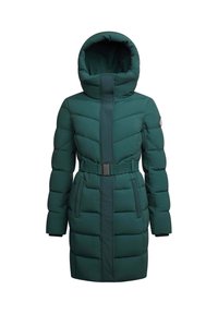 Abrigo acolchado verde con cuello alto y capucha. Presenta una cintura ceñida con cinturón, patrón acolchado, bolsillos laterales y una textura suave.