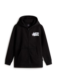 Sudadera con cremallera negra hecha de una tela suave, con un logo blanco de Vans en el pecho, bolsillos tipo canguro y capucha con cordón.