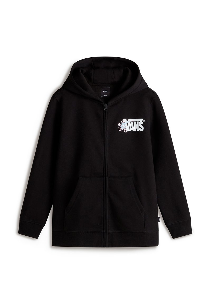 Sweat à zip noir en tissu doux, avec un logo Vans blanc sur la poitrine, des poches kangourou et une capuche avec cordon de serrage.