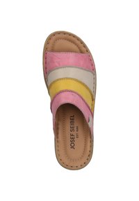 Infradito multicolore con strisce in pelle rosa, gialla e beige. Texture liscia con bordi arrotondati e dettagli cuciti.