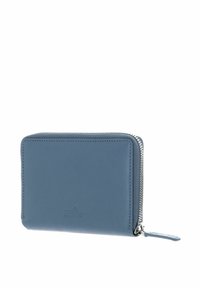 Portefeuille en cuir bleu avec une fermeture éclair argentée, forme rectangulaire compacte, et texte embossé "RFID Stop" sur le devant.