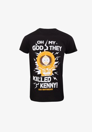 Sort bomulds t-shirt med dristig hvid og gul grafisk tekst samt en illustration af en karakter i en gul hættetrøje.