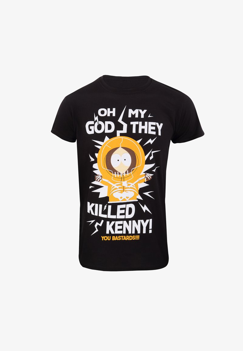 Černé bavlněné tričko s výrazným bílým a žlutým textovým potiskem a ilustrací postavy v žluté kapuci.