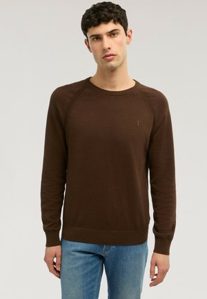 Giovane uomo con capelli corti e ricci che indossa un maglione marrone a maniche lunghe e jeans blu, in piedi contro uno sfondo chiaro.