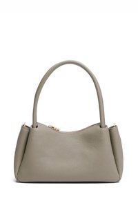 Sac en cuir de couleur vert sobre, avec une forme structurée, une courte anse et une fermeture éclair dorée. La surface texturée ajoute du détail.