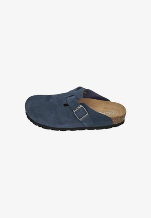 Blue suede slip-on clogs with a cork footbed, adjustable silver buckle, and black rubber sole, featuring an open back design.