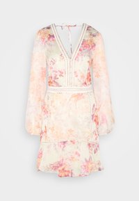 Robe à motif floral dans des couleurs pastel légères, avec un décolleté en v, de longues manches bouffantes et un ourlet en volants superposés, agrémentée de dentelle décorative.