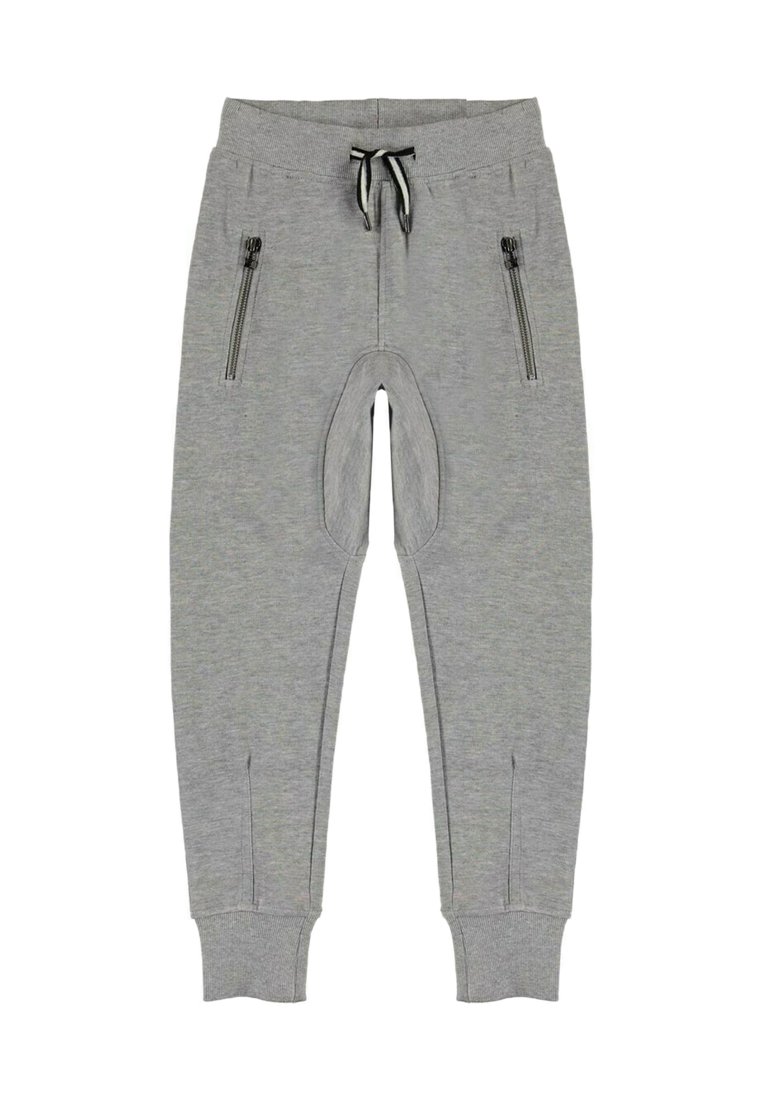 Grijze sweatpants van zacht materiaal, met twee ritszakken aan de zijkant, een tailleband met trekkoord en ribgebreide boorden. Kenmerkend ontwerp met kniebekleding.