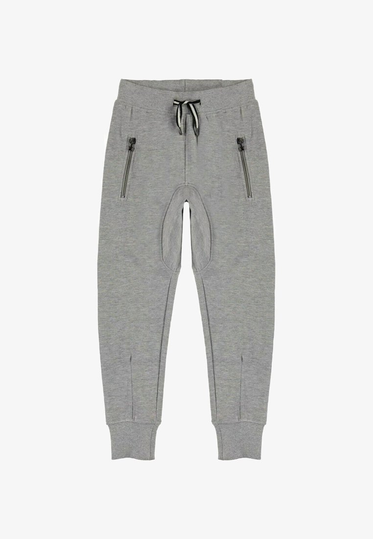 Grijze sweatpants van zacht materiaal, met twee ritszakken aan de zijkant, een tailleband met trekkoord en ribgebreide boorden. Kenmerkend ontwerp met kniebekleding.