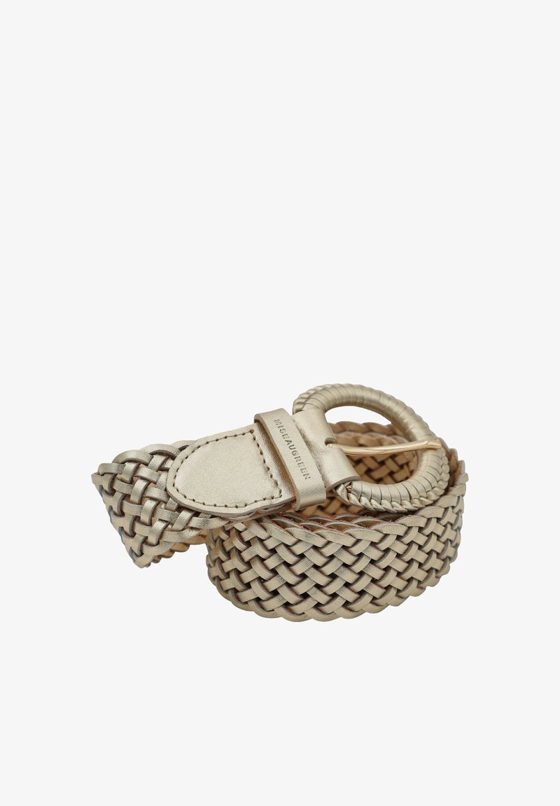 Ceinture en métal doré tressée dotée d'une boucle circulaire et d'accents en cuir, mettant en valeur une finition texturée et un savoir-faire détaillé.
