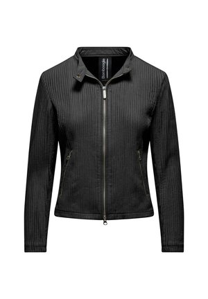 Giubbotto nero con texture a coste, chiusura con zip e colletto rialzato. Caratterizzato da due tasche laterali con zip e dettagli metallici.