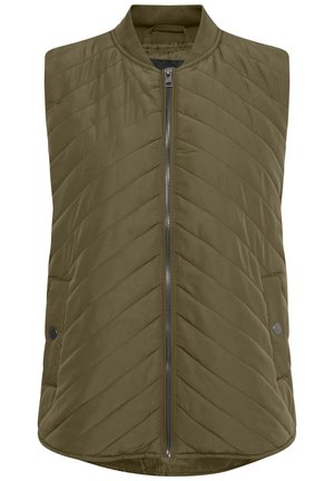 Oluvzaļa, siltināta bez piedurknēm veste ar iegriešanu priekšā, divām sānu kabatām un ribotām apkaklēm. Ar chevron šuvju rakstu.