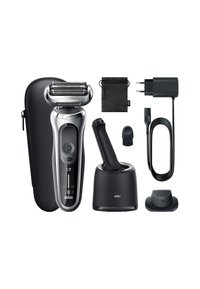 Rasoir électrique avec poignée argentée, accents noirs, station de nettoyage, chargeur, pochette et accessoire de peigne. Tête de rasage à 360 degrés.