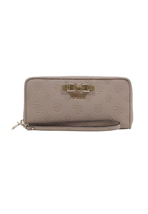 Portafoglio wristlet Guess beige con motivi a rilievo del logo e logo in metallo dorato e cerniera con tirello.