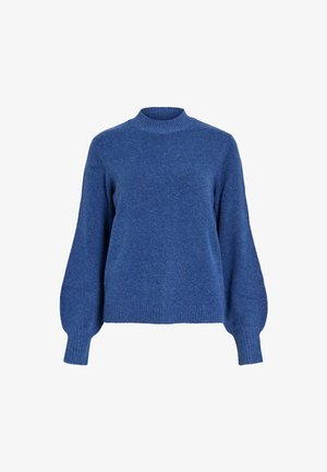 Mėlynas megztinis su aukštu raukšlių kaklu, ilgomis balioninėmis rankovėmis ir tekstūruota apdaila. Raukšlių apykaklė ir rankogaliai baigia dizainą.