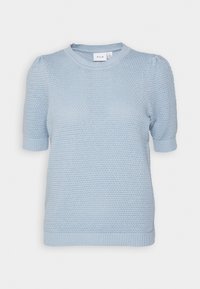Suéter de manga corta azul claro con un patrón de tejido texturizado, cuello redondo acanalado y puños y dobladillo acanalados. Diseño suave y casual.