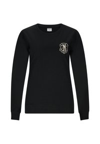 Czarny długi rękaw bluzy wykonanej z bawełny, z logo na piersi w kolorze kremowym, prążkowanymi mankietami i okrągłym dekoltem.