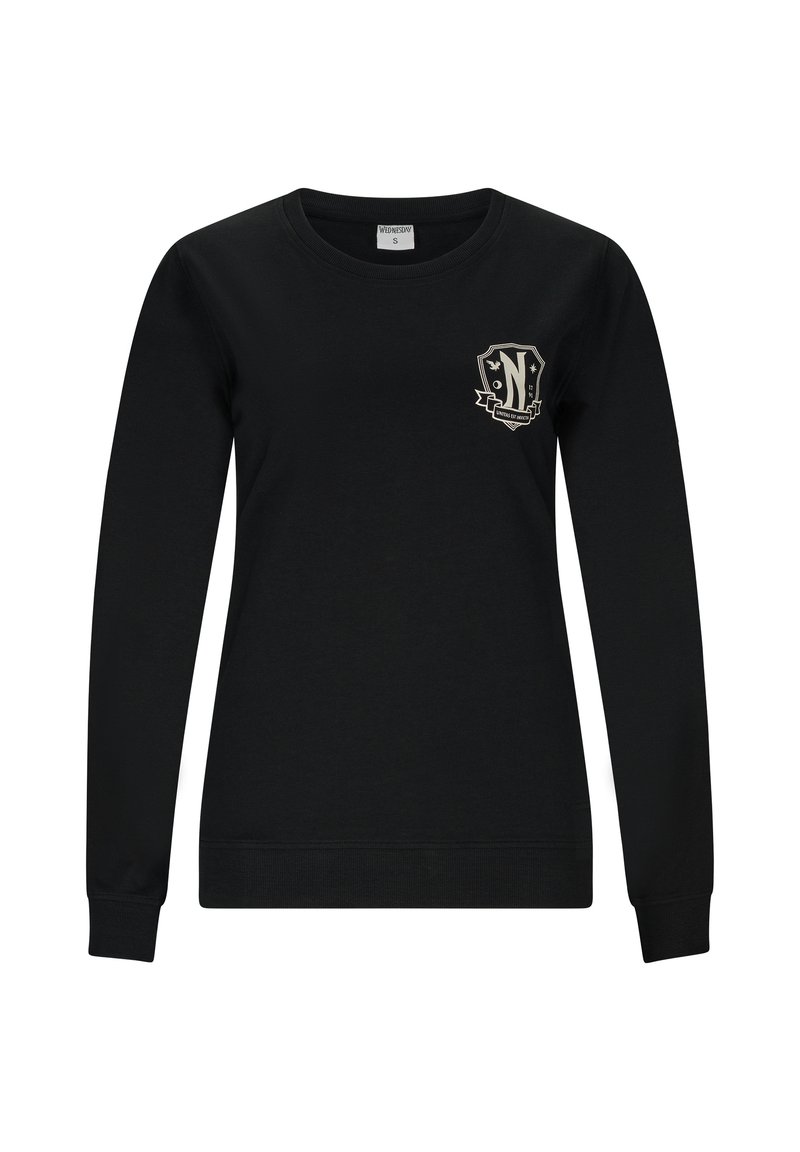 Czarny długi rękaw bluzy wykonanej z bawełny, z logo na piersi w kolorze kremowym, prążkowanymi mankietami i okrągłym dekoltem.