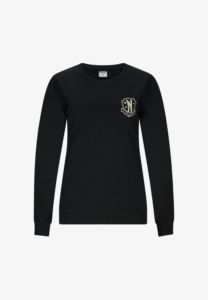 Czarny długi rękaw bluzy wykonanej z bawełny, z logo na piersi w kolorze kremowym, prążkowanymi mankietami i okrągłym dekoltem.