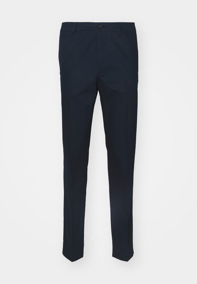 Morske hlače iz tkanine, z ravnim krojem, z gumbom za zapiranje in sprednjimi pregibi za prefinjen videz.