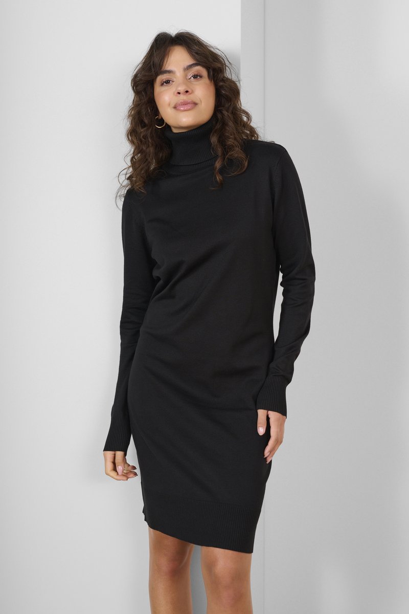 Black knit turtleneck dress featuring long sleeves, ribbed cuffs, and a fitted silhouette, resting just above the knee.