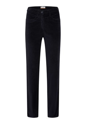 Pantaloni in corduroy blu scuro con design a gamba dritta. Presentano tasche frontali, chiusura con bottone e una trama sottile del tessuto.