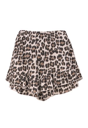 Leopardenmuster Damen-Shorts mit gerafftem Saum und elastischem Taillenbund, hellbeiger Hintergrund mit schwarzen und braunen Flecken.